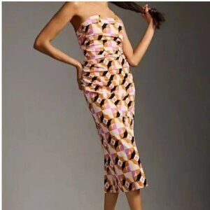 Anthropologie Women's Size XL Printed Strapless Ruched Dress Checkered Floral